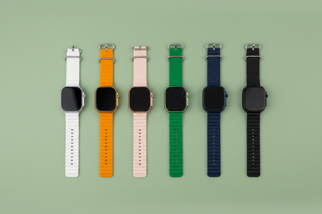 Four smartwatches with different colored bands on a white background with a leaf.