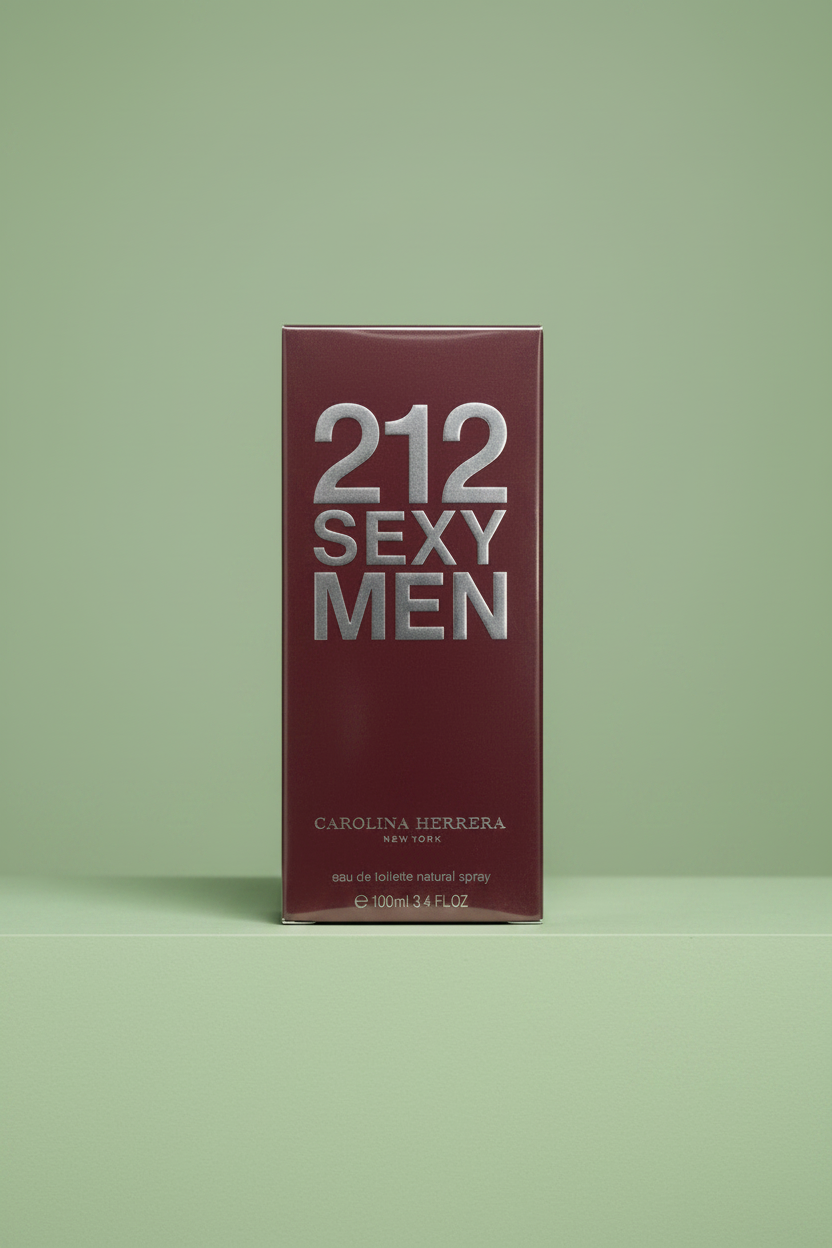 Red '212 Sexy Men' perfume bottle held by a hand with a blurred background