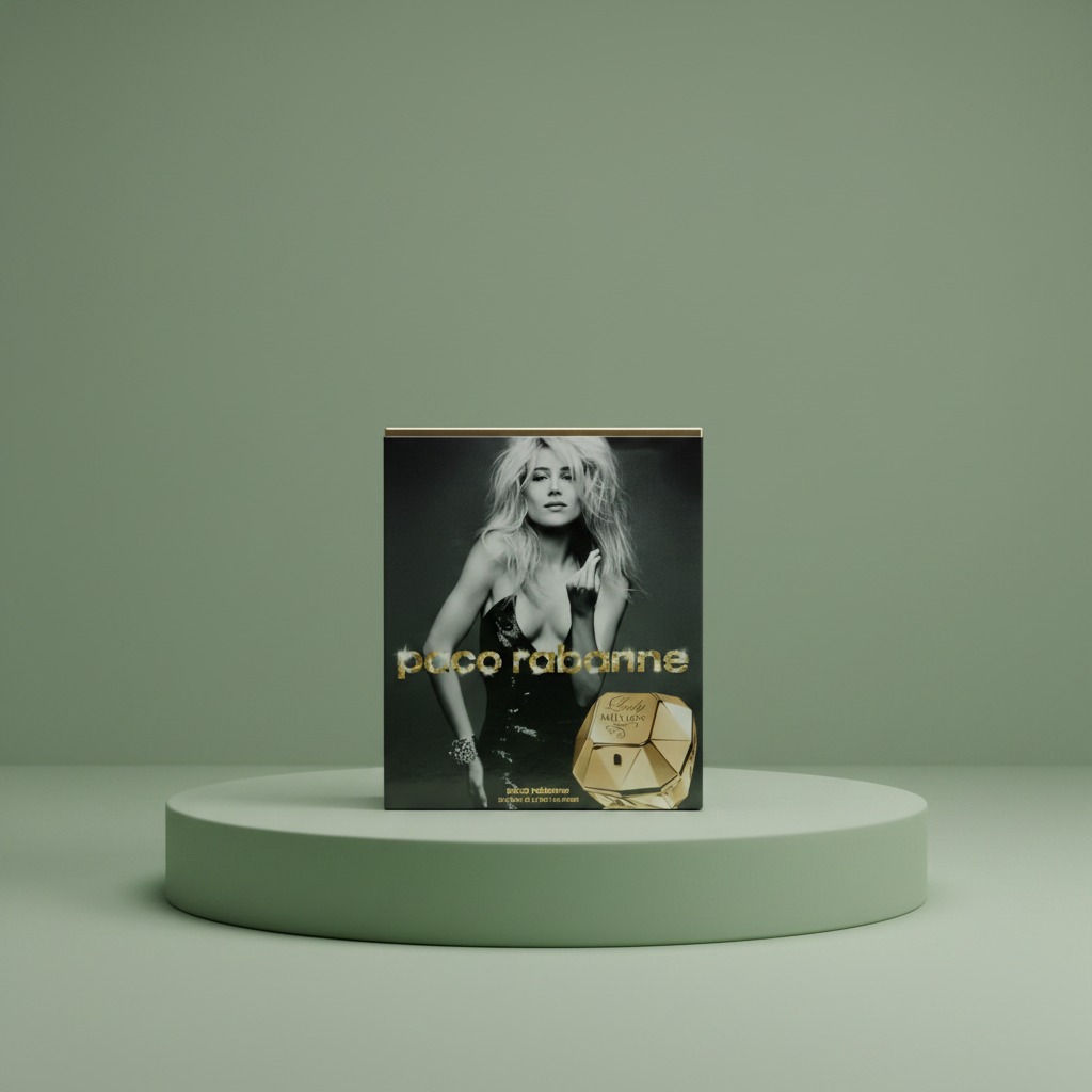 Paco Rabanne product packaging with a person on a black background