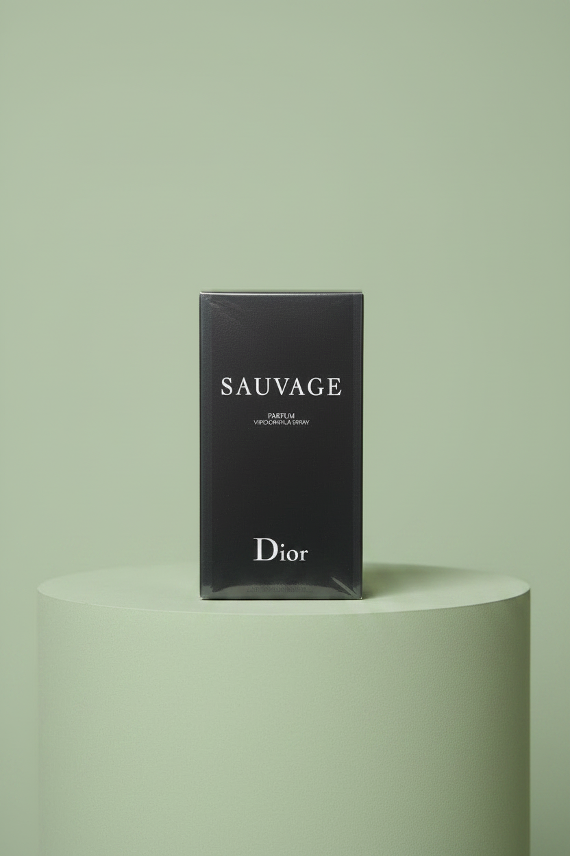 Hand holding a Dior Sauvage packaging against a light green background