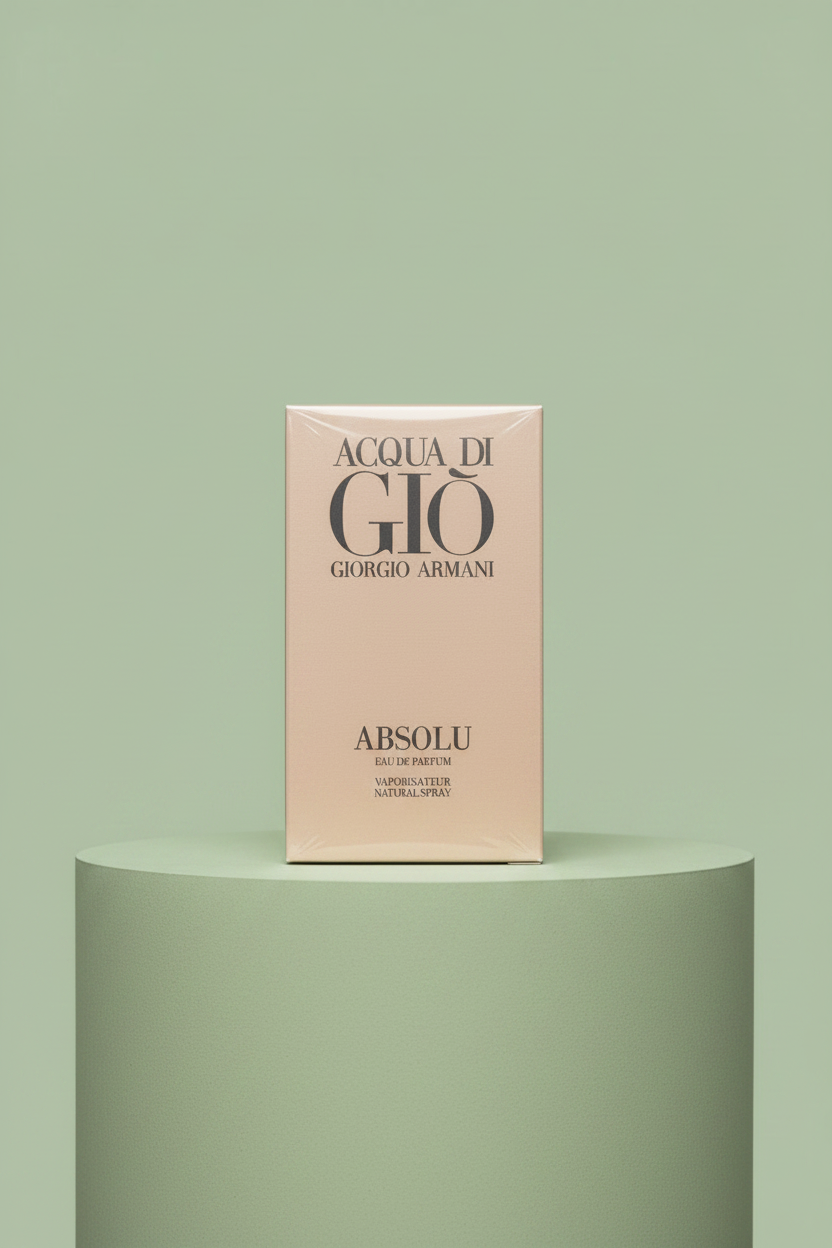 Hand holding a Giorgio Armani Acqua di Gio Absolu perfume box against a light green background