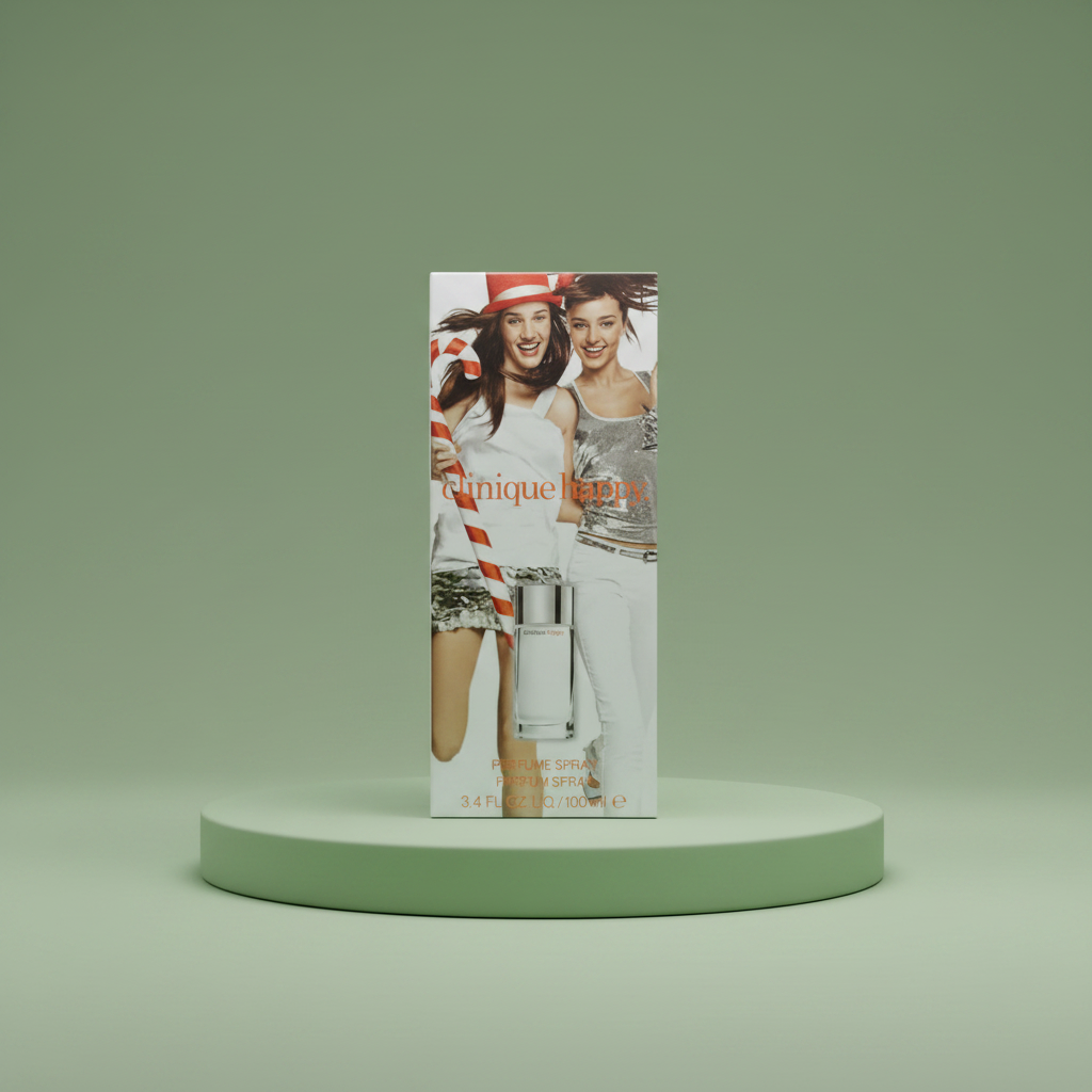 Perfume bottle with packaging featuring two women on a white background, held by a hand.