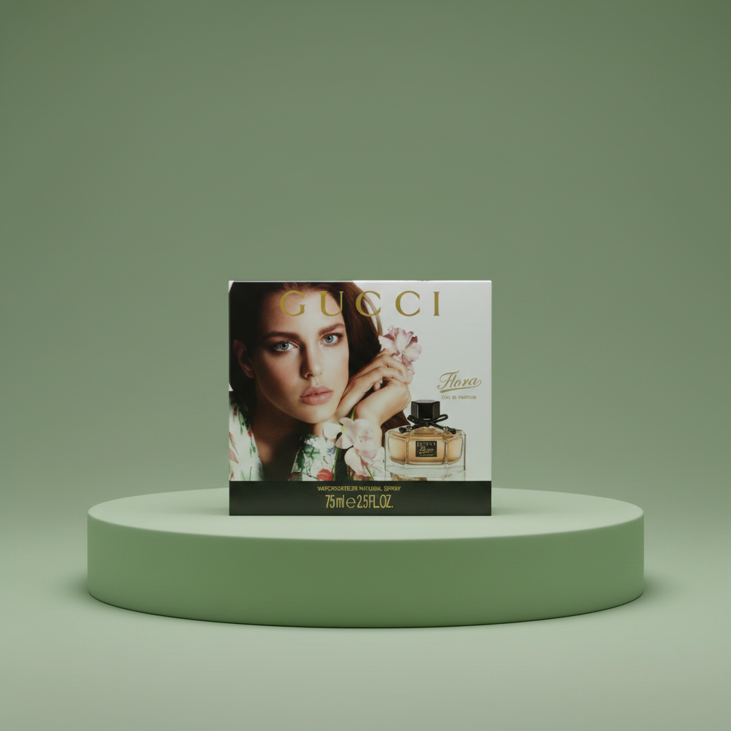 Gucci perfume box with a model holding a bottle on a tiled floor.