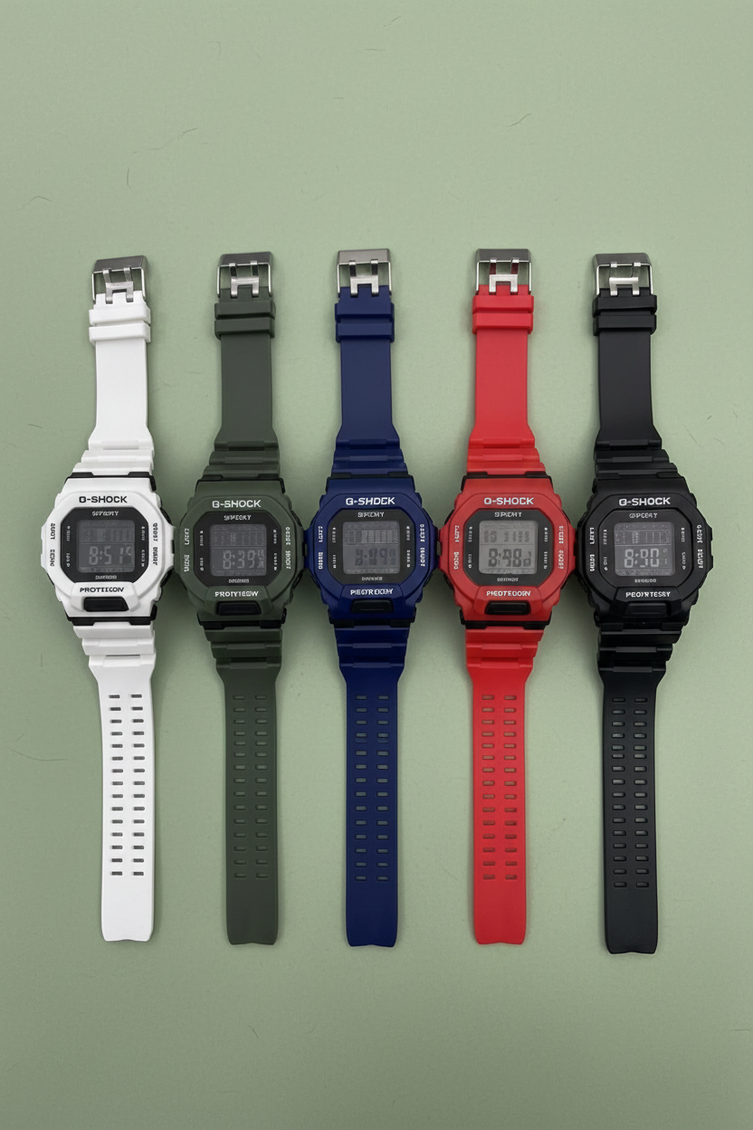Five Casio digital watches with different colored straps on a light gray background.