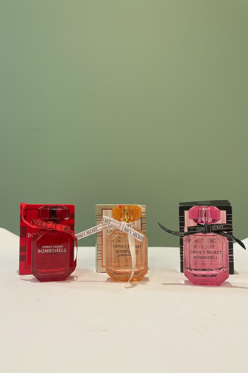 Three perfume bottles on a surface with a plant in the background