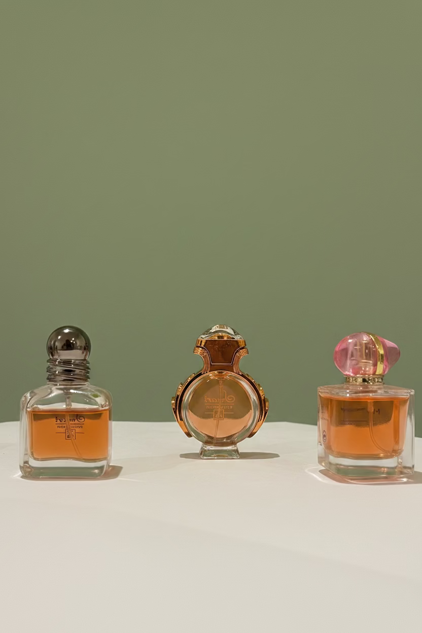 Three perfume bottles on a surface with a wooden cabinet and plant in the background